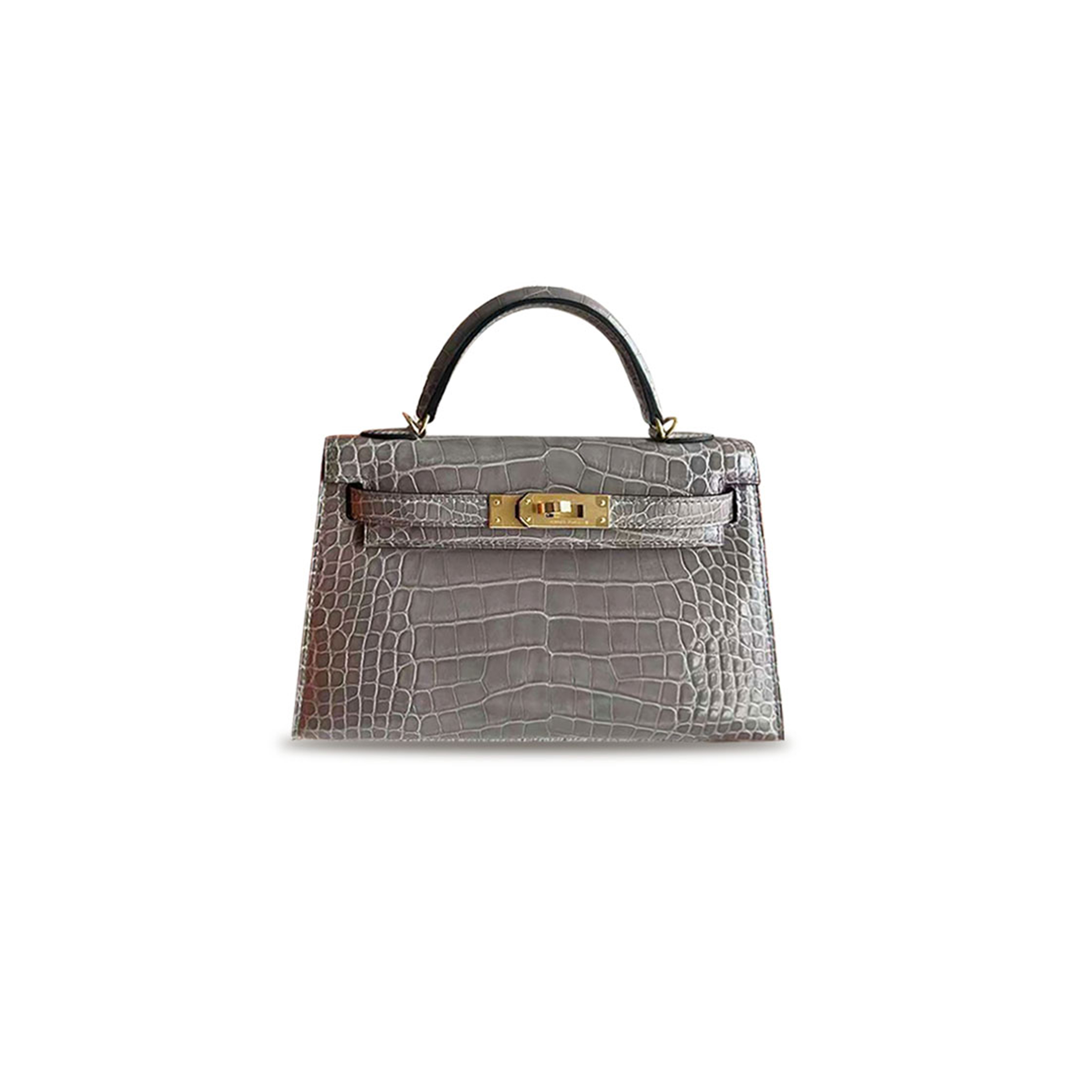 HERMÈS MASTER MINI KELLY II GLOSSY CROCODILE TURTLEDOVE GRAY GOLD BUCKLE (19*12*5.5cm) 